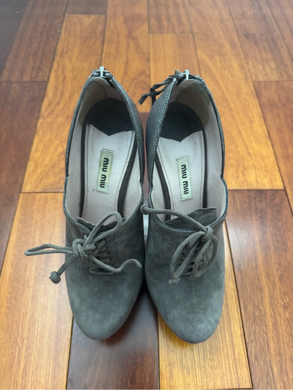 Miu Miu Gray Suede Lace-Up Heels
